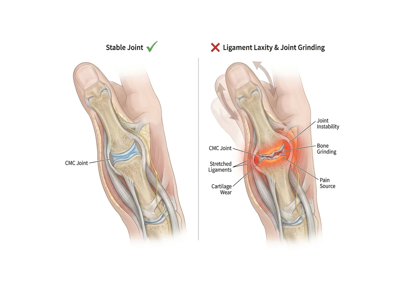 Anatomical diagram comparing a stable CMC thumb joint with an unstable arthritic one showing stretched ligaments, cartilage wear and bone grinding