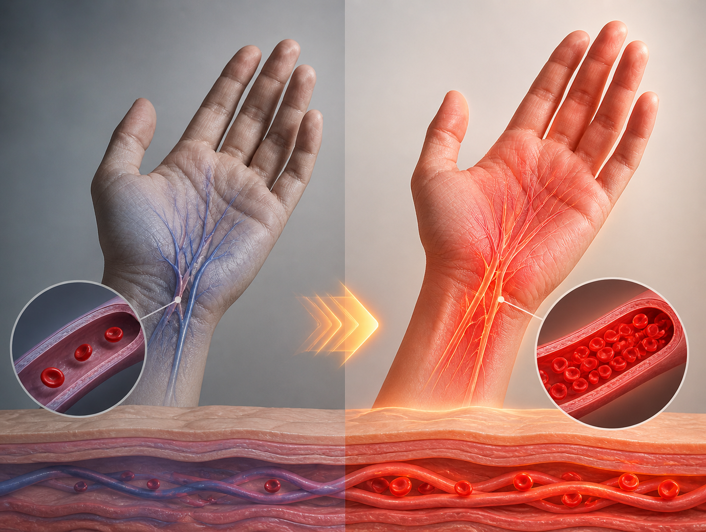 Hand circulation before and after gentle warmth: cool, sluggish blood flow becomes warm and flowing