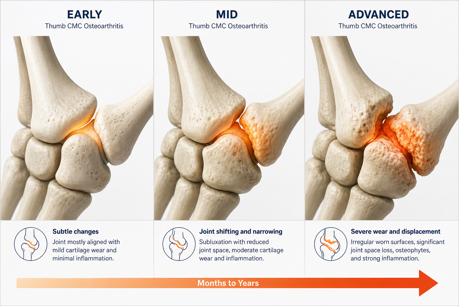 CMC joint shown at early, mid and advanced stages — the joint moves more than it should and worsens over time