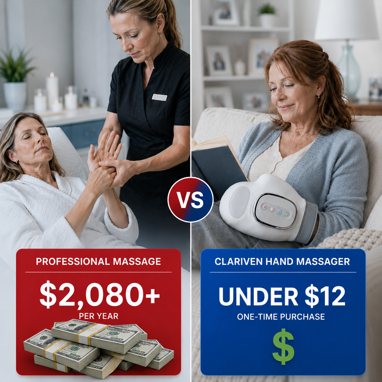 Professional massage $2,080+ per year versus Clariven, a one-time purchase under $12 a year over its life