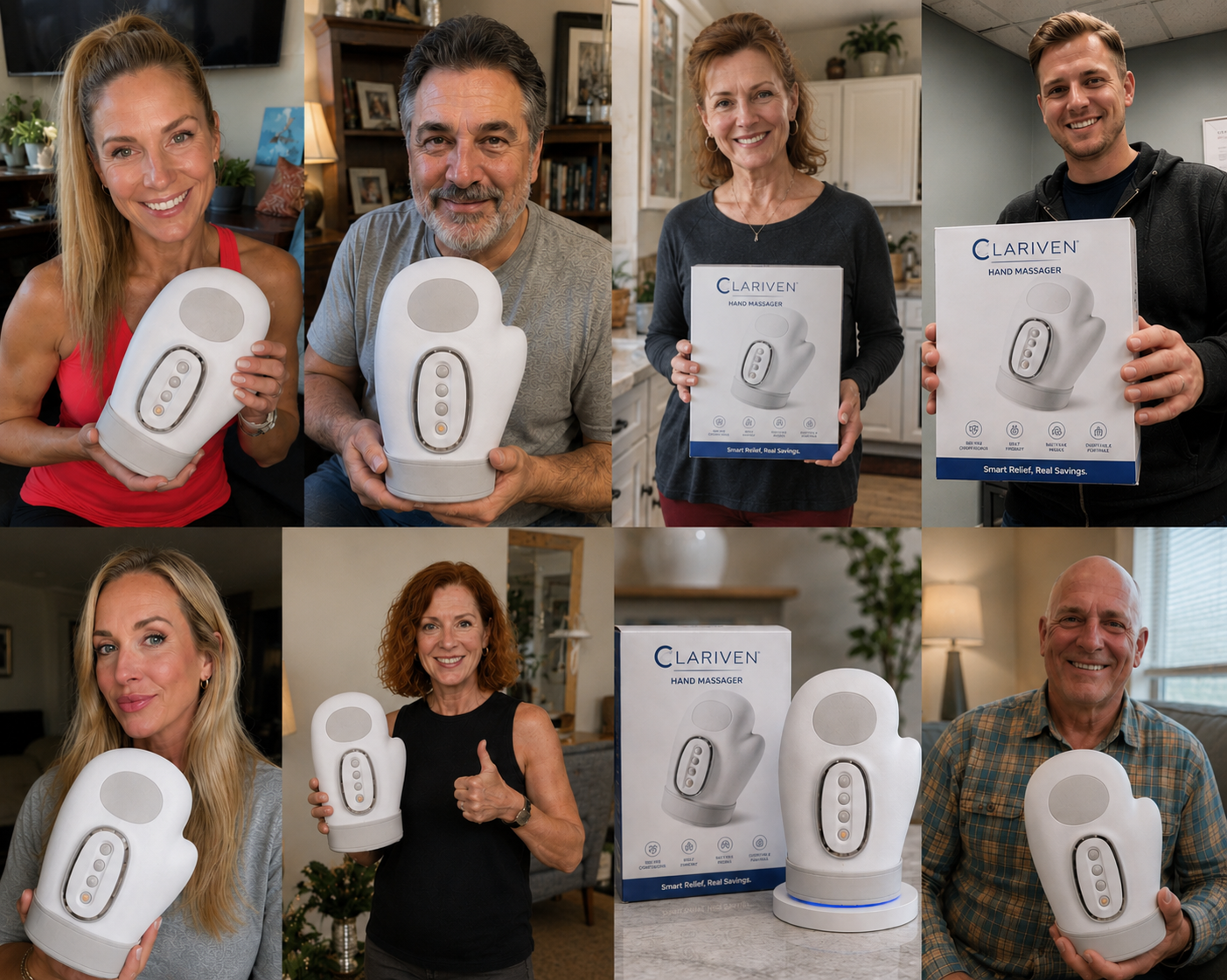 A grid of eight real customers holding their Clariven hand massager