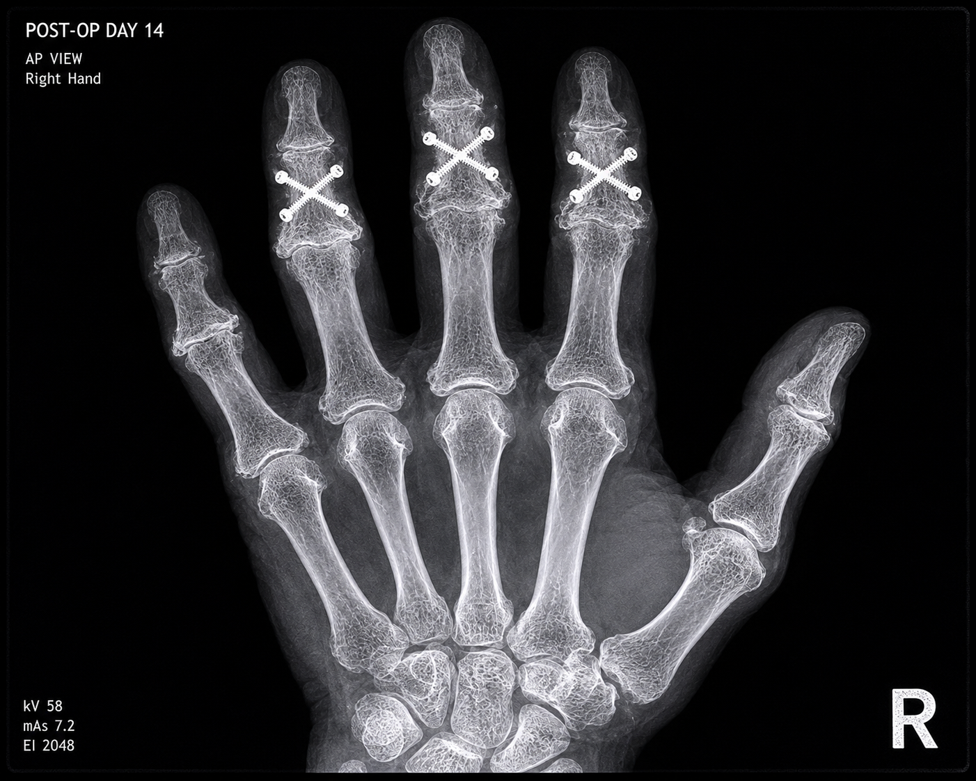 X-ray of a hand after CMC surgery showing titanium screws fixed across the finger joints