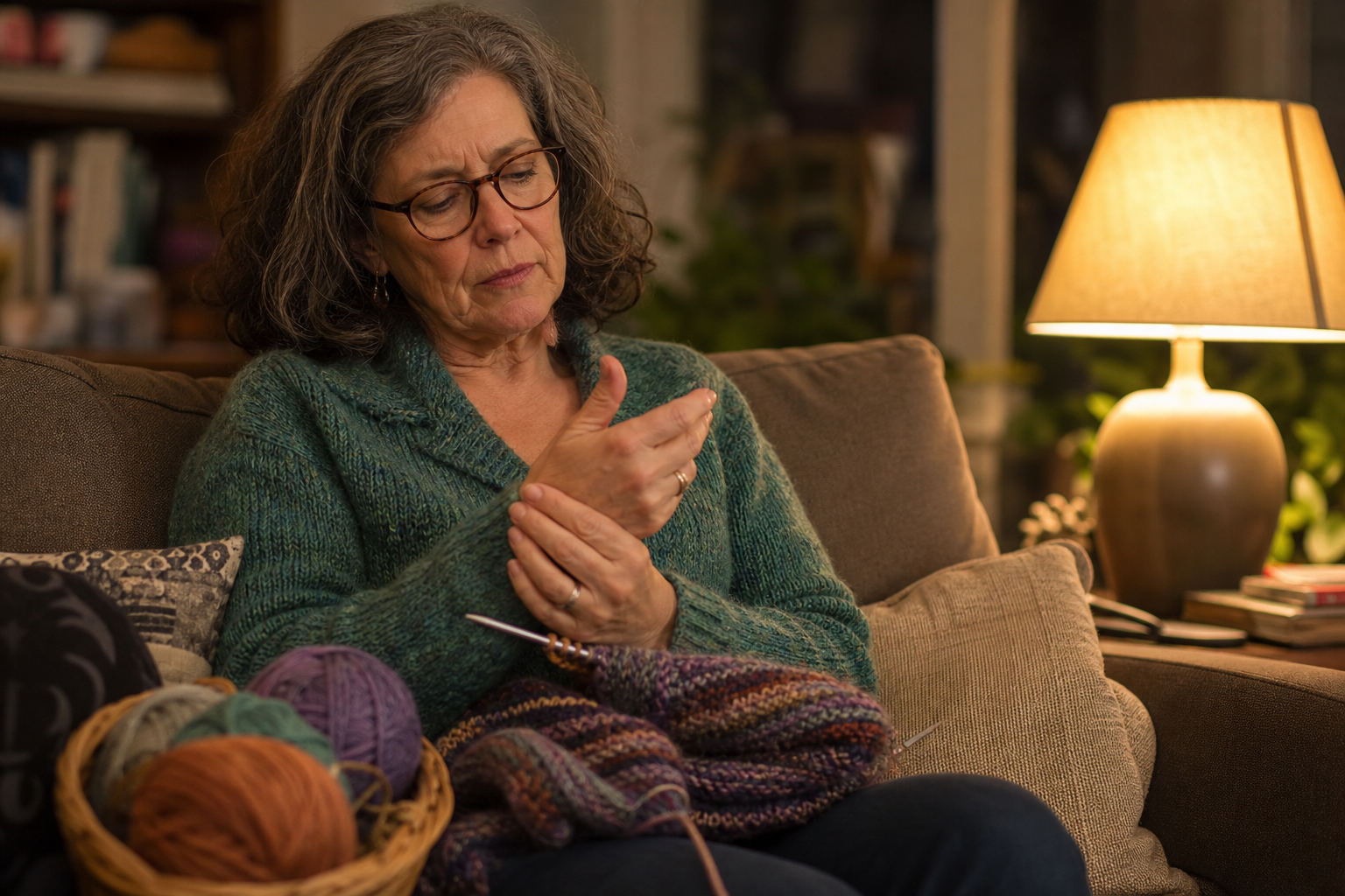 Woman knitting by a lamp, pausing to rub the base of her thumb