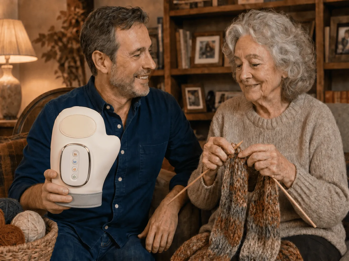 Owen beside his mother, who is back to her knitting