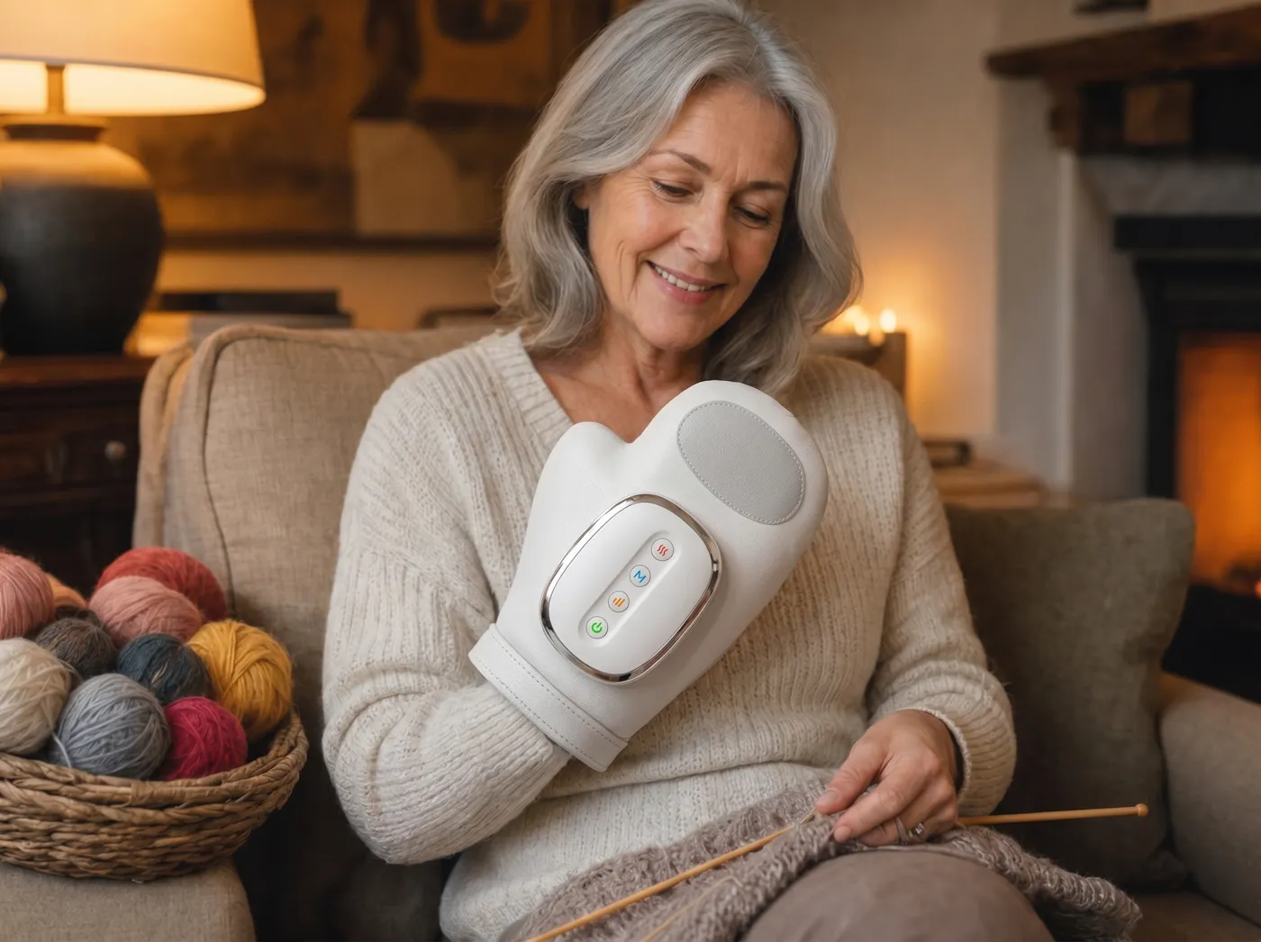 An older knitter relaxing with the Clariven hand massager on her hand