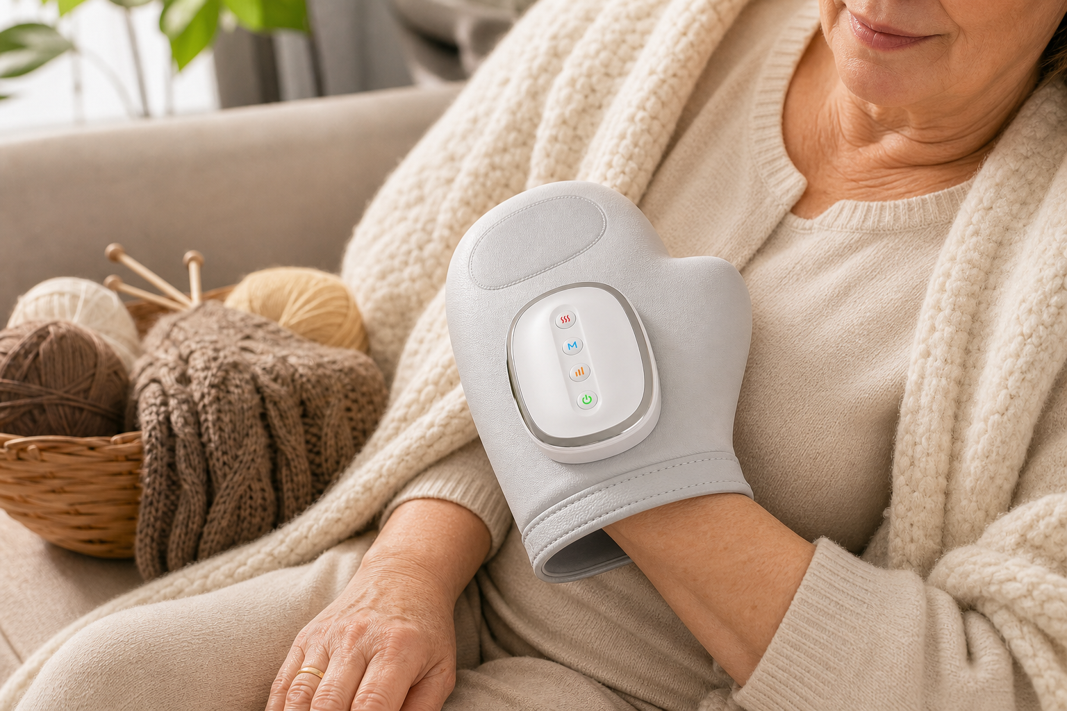 Clariven hand massager glove worn on a knitter's hand on the sofa with a soft warm glow