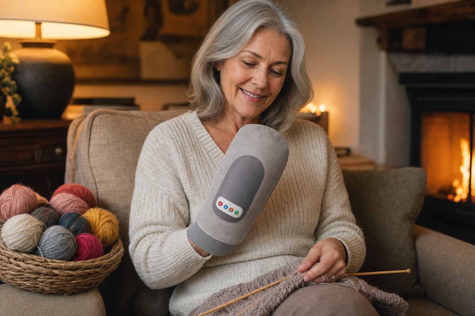 An older knitter relaxing with the Clariven hand massager on her hand
