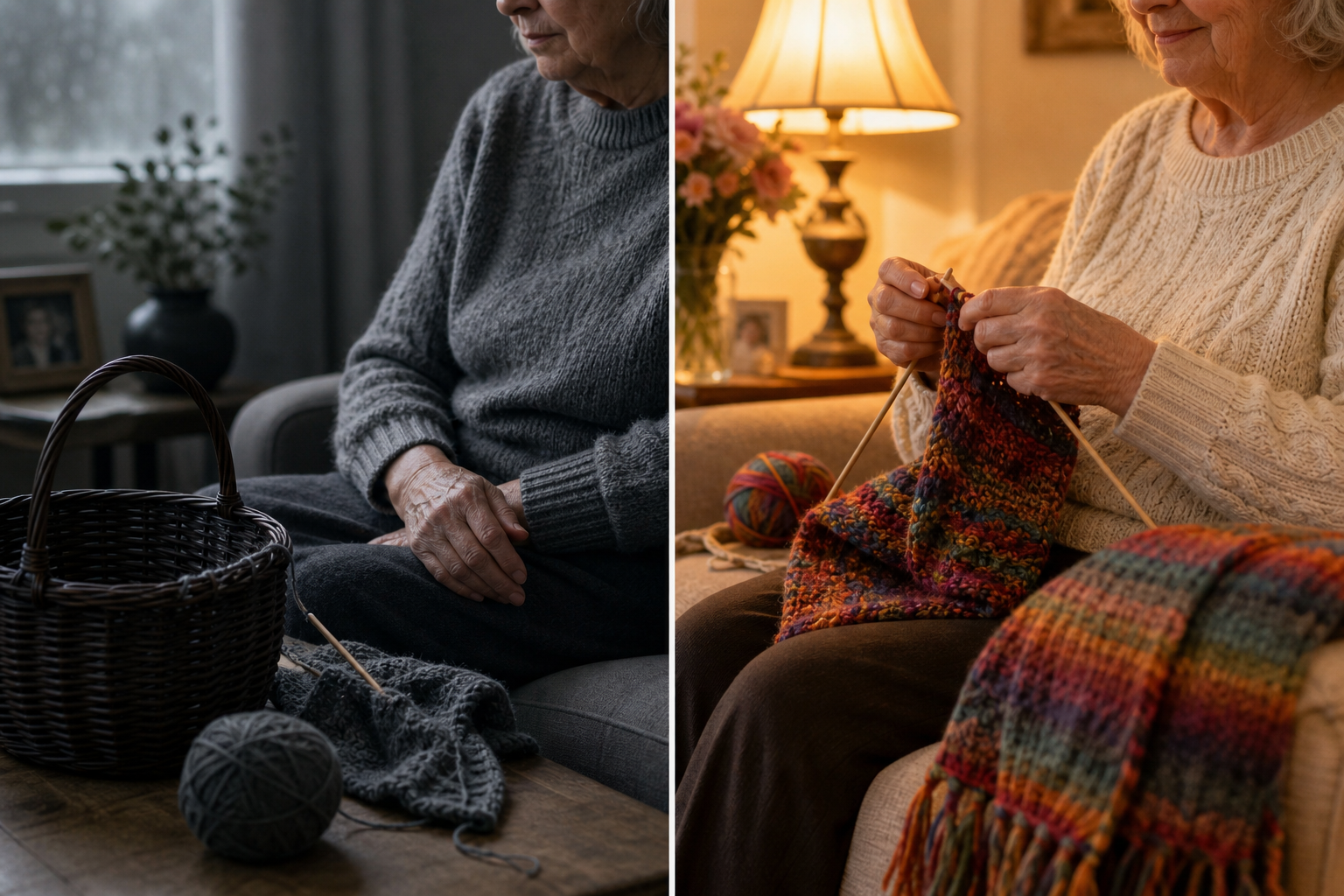 Two paths: muted, idle hands and an empty knitting basket on the left; warm, colourful hands knitting with a finished scarf on the right
